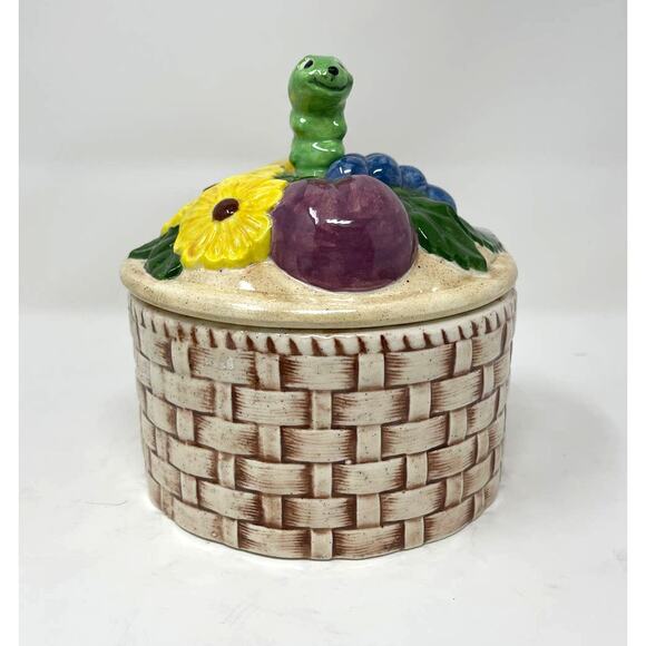 Ceramic Basket Canister Daisies & Caterpillar Lid - Vintage 1973 Pottery -Signed - Picture 2 of 9
